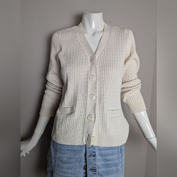 Vintage Cream Cable Knit Cardigan Women’s Petite M Minimal Cotton Pockets - Picture 4 of 10